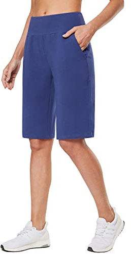 baleaf Women's Bermuda Shorts Long Knee Length Cotton Shorts High Waisted Tummy Control Casual Work Lounge Navy M