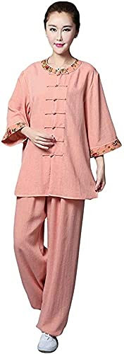 Tai Chi Anzug - Leinen Damen Kampfsport Anzug Yoga Anzug Traditioneller Chinesischer Meditationsanzug mit 3/4 Ärmeln für Kung Fu Wing Chun,Orange-Medium (Orange L)