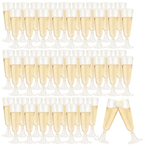 AKOLAFE Set di 50 bicchieri da spumante da 150 ml, in plastica, senza BPA, riutilizzabili, trasparenti, per matrimoni, compleanni, feste (rosa oro)