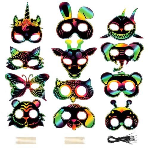 Wishstar 48 Stück Kratzbilder Masken für Kinder,Scratch Art Masken,Tiere Kratzbilder Masken Set mit 48 Elastischen Kordeln 12 Holz Stylus,für Party beschäftigung Kinder Geburtstag spaß Spielen