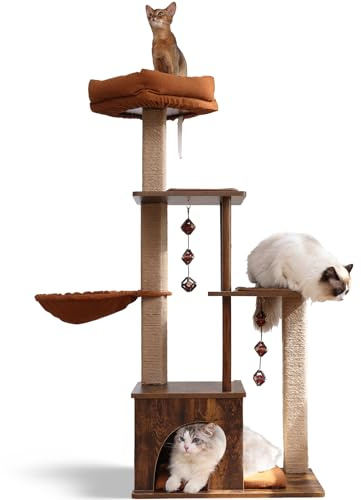 FUKUMARU Cat Tree, 136 cm Medium Tower With Padded Plush Perch and Cave, Wooden Condo With Scratching Post and Hammock, Climber Stand Playhouse for Indoor Cats, Retro Style