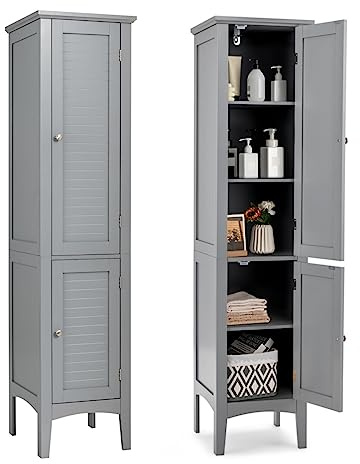 LIFEZEAL Badezimmerschrank mit 2 Türen, Hochschrank 37x37x160 cm, Bad Schrank mit 5 Ebenen, Hochschrank Aktenschrank aus Holz & MDF, Schrank Mehrzweckschrank für kleine Wohnung & Apartment (Grau)