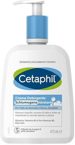 Cetaphil Detergente Viso Schiumogeno Idratante, per Pelle Normale, Secca e Sensibile, con Aloe Vera, Effetto Lenitivo, Senza Profumo, Formato 473 ml
