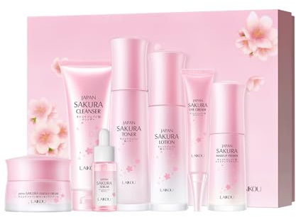 LAIKOU Set Regalo Cuidado de la Piel Mujer, Kit de Skincare Sakura, 7 Piezas Kit Hidratante Facial Mujer, Limpiador Tónico Suero Crema para Ojos Crema Facial Primer, para Adolescentes y Mujeres
