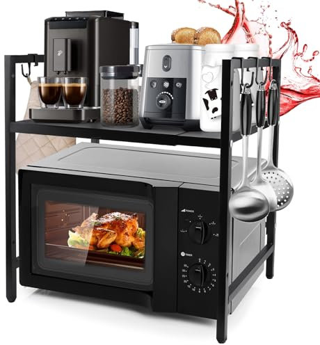 2 Niveaux Support de Four à Micro-Ondes Extensible, Support de Four à Micro-Ondes avec 6 Crochets, Etagere Rangement Cuisine Four à Micro Ondes, 40-64cm, Noir
