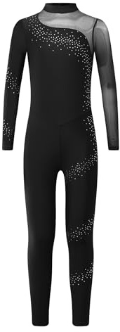 Miutii Turnanzug Mädchen Langarm Gymnastikanzug Glitzer Ballettanzug Kinder Ganzkörper Trikot Eiskunstlauf Body Overall Jumpsuit Tanzanzug A Schwarz 170-176