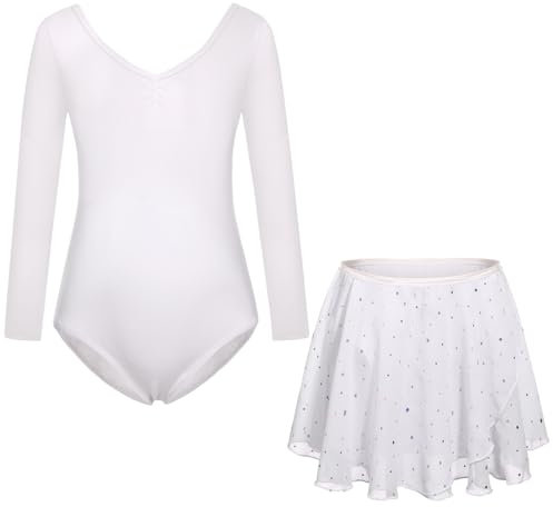FONLAM Ballettkleid Balletttrikot für Mädchen Tanzkleid Turnanzug Langarm Ballettanzug Glitzer Ballettrock Kinder (10-11 Jahre, Weiß)
