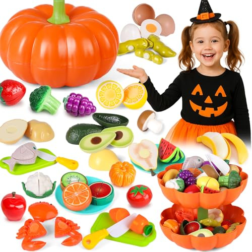 BunnyJOY Cocinitas Infantiles con Frutas y Verduras de Juguete para Cortar, Accesorios Cocina, Utensilios y Comida de Juguete, Juego de Roles, Set Montessori para Niñas Niño 3+ Años