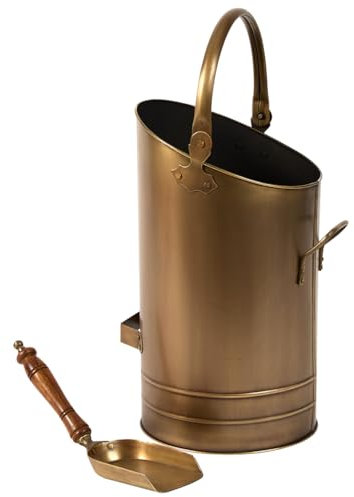 Coal Scuttle Kindling Basket Metal Bucket Brass Finish Fireplace Storage Bucket with Scoop Shovel Vintage Style Multi-Purpose Fireside Coal Kindling Storage Wood Basket