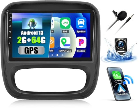 CAMECHO 2+64G 9 Pouces Autoradio pour Opel Vauxhall Vivaro Renault Trafic Fiat Talento Nissan NV300/VW30, Android 13 sans Fil Carplay Android Auto Radio avec WiFi GPS FM/RDS +Caméra de Recul Canbus