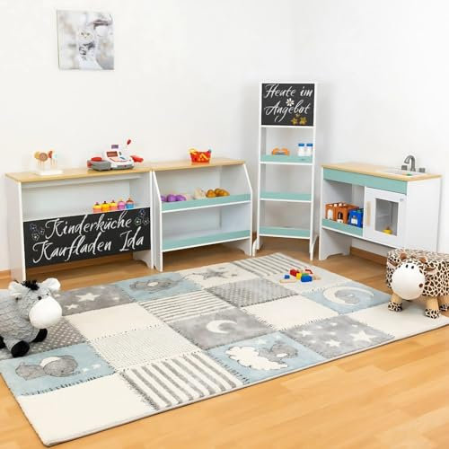 Spielküche Kaufladen Ida, türkis, 4er Set mit Spülbecken, große Kinderküche, Kaufmannsladen für Kinder, Spielzeugküche, Spielzeug und Küchenzubehör, Holzküche mit Kreidetafel, Kinder ab 3 Jahren