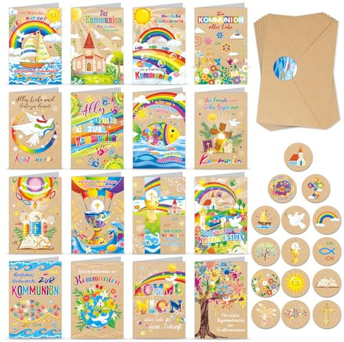 DPKOW 16 Kommunionkarten mit Umschlägen Aufklebern, Kraftpapier Kommunion Karte Junge Mädchen Erstkommunion Karte, Kommunion Glückwunschkarte Erstkommunion Kommunionskarten Set Klappkarten