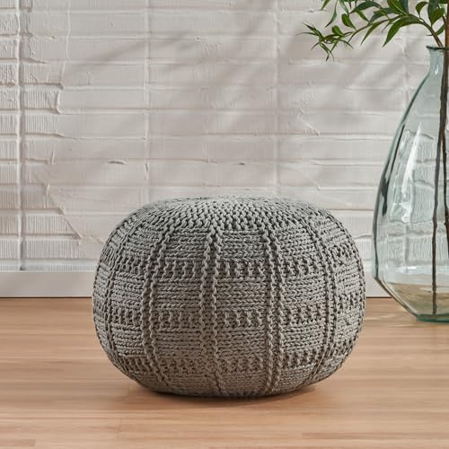 roomfitters Hand-Knit Round Pouf Ottoman with Braided Cotton Texture, Lazy Sofa Chair, Soft Floor Cushion for Living Room, Bedroom, or Lounge Seating, 20 Round, Gray