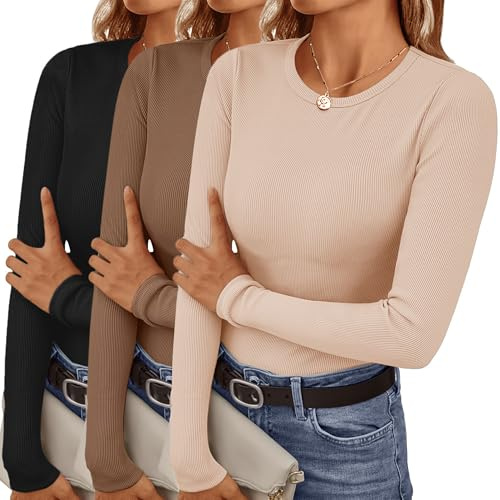 Ekouaer Womens Long Sleeve Shirts 3 Packs Crew Neck Stretchy Fitted Tops Ribbed Base Layer, S-XXL