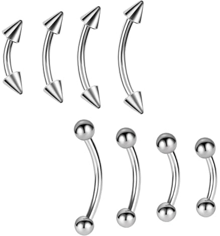 8 Pcs Eyebrow Piercing, Eyebrow Piercing Jewellery, Silver Septum Ring, Hypoallergenic Steel Body Jewellery Set with Curved Barbell for Belly Lip, 6MM/8MM/10MM/12MM Stainless Steel Set