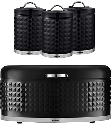 GEEPAS 4 Pc Tea Coffee Sugar Canister & Bread Bin Set | 9L Bread Box 1.3L Canister Set | Carbon Steel Container Easy Clean Storage Tins | Canisters for Kitchen Accessories Essentials Argyle Black