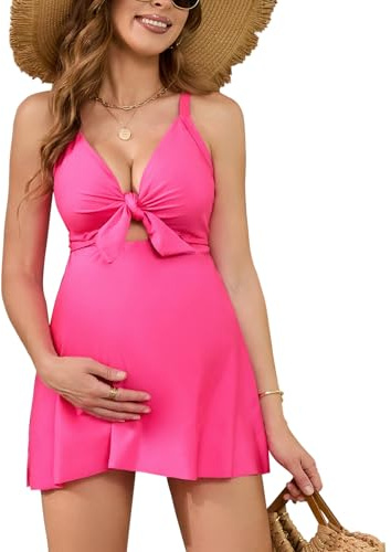 DEBELLY Maternity Tankini Two Piece with Adjustable Self Tie Bow Front Spaghetti Strap Rear Cross Stylish Pregnancy Swimwear for Babymoon Photoshooting,Hot Pink,L