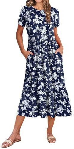 ZEAGOO Robe Été Femme Élégante Manches Courtes Robes Casual Taille Haute Ligne A Robe Longue Robe de plage Décontractée avec Poches