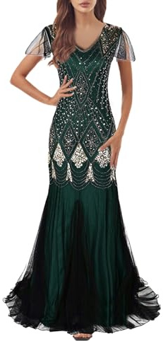 Robe de soirée années 1920 pour femme - Col en V - Paillettes - Perles et franges - Robe longue rétro à paillettes - Robe de soirée sexy à manches longues - Robe de cocktail élégante - Robe de Unique