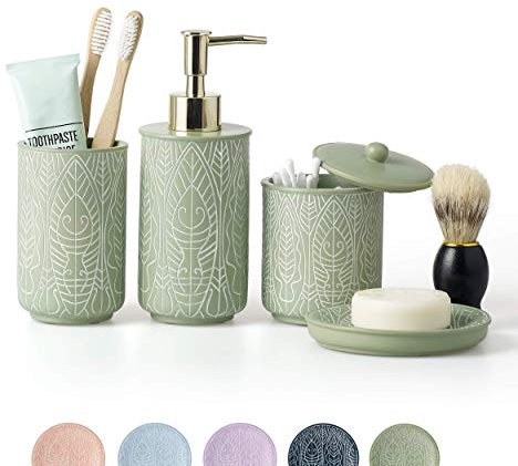 Premium Badezimmer-Zubehör-Set, grün, Boho-Dekor, Accessoires para Baños, New Apartment Essentials, grüner Zahnbürstenhalter und Seifenspender.