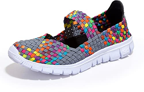 ERLINGO Womens Walking Shoes Woven Light Weight Elastic Trainers Breathable Walking Fashion Sneakers Comfort Slip On Sport Shoes Mary Jane Flat Sneakers
