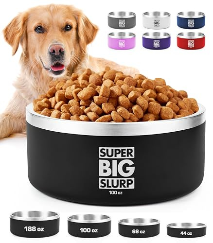 Tuff Pupper 2700ml/100oz Heavy Duty Insulated Bowl for Large Dogs | Double Wall Stainless Steel Pet Food Bowl | Dishwasher Safe Dog Bowl | Non-Slip Rubber Base | Durable Powder Coated Colors (Black)