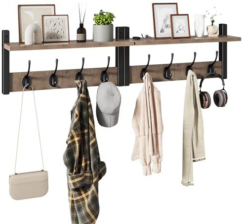 YMYNY Coat Rack Shelf Wall Mounted, Coat Hooks Set of 2, Entryway Coat Hanger with 4 Double Hooks, 80CM Wall Floating Shelf with Hat Rack, for Kitchen, Bedroom, Bathroom, Silver Gray HWS001Y-2
