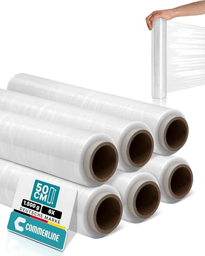 Commerline Transparent Stretchfilm | 12 Rullar - 50 cm, 1500 g, 230 m | Plastfolie & Skyddsfilm för Flytt, Möbler och Pall | Förpackningsfilm & Wrapfilm