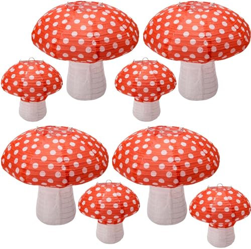 Windspeed 8pc Mushroom Shaped Paper Lanterns - Large 3D Mushroom Decoration Hanging for Nursery, Garden, Christmas Party Decoration - 8 inch, 12 inch