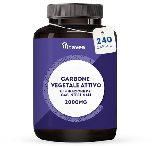 Carbón vegetal activo – Desintoxicación natural – 240 cápsulas vegetales – Vientre hinchado – 2000 mg por ingesta – Contra la flatulencia y el meteorismo – Derivado de nuez de coco – Natural y vegano