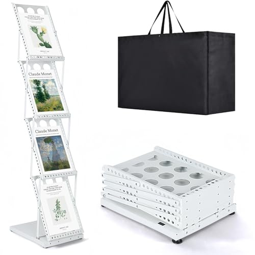 Estleys Trade Show Literature Stand Display Rack, Magazine Brochure Catalog Display Stand, Magazine Floor-Standing with Portable Oxford Bag for Office Store Exhibition Trade Show (White)