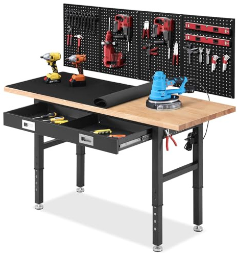 ENJOYWOOD Work Bench with Drawers Adjustable Workbenches for Garage 60 Inch Rubber Wood Top Garage Workbench with Pegboard,Power Outlets for Woodworking, Home, Office, Workshop
