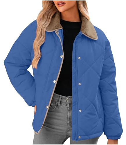 KUIH Winter Jackets for Women UK 2024,Full Zip Quilted Jacket Casual Outwear Soft Warm Coat Padded Puffer Jacket Long Sleeve Jackets Lapel Collar Fashion Cardigan Winter Outerwear Plus Size Blue