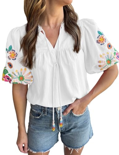 Ecosunny Women's Boho Embroidered Tops V Neck Floral Short Puff Sleeve Casual Shirts Loose Tunic Summer Blouses Fashion 2026 A-white