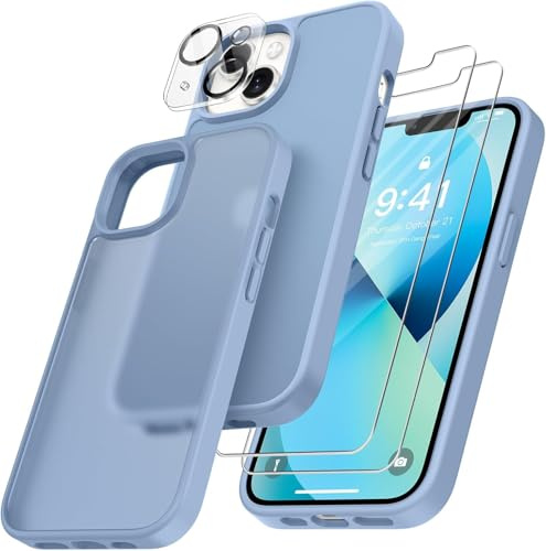 FLLAO 4 in 1 Cover per iPhone 13 Custodia con 2 Pellicola Vetro Temperato e 1 Fotocamera Protettiva, [Cuscino d'aria integrato] Morbido TPU Bumper Protection Cover iPhone 13, Blu