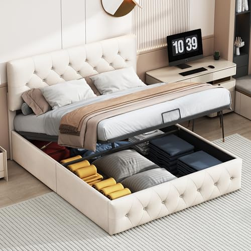 Polsterbett 160 x 200 cm, Doppelbett mit hydraulischer Hebefunktion und Verstellbares Kopfteil, Bettgestell mit Stauraum, Gepolstertes Bett Stauraumbett Funktionsbett, ohne matratze (160X200CM)