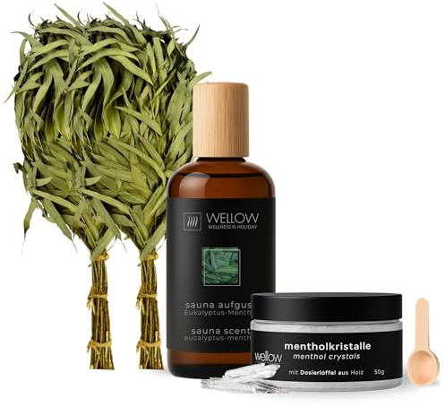 Banja-Set für Sauna | 2x Eukalyptusquasten + Saunaaufguss Eukalyptus + Mentholkristalle | Für frische Aufgüsse & Banja-Erlebnis | Natürliche Eukalyptuszweige & Eukalyptusaufguss | Saunazubehör-Set
