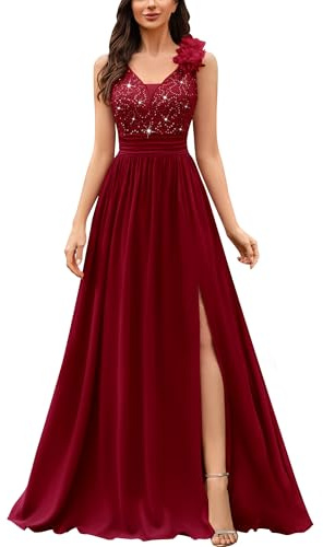 MIUSOL Women's Vintage V-Neck Sleeveless Sequined Lace Split Wedding Formal Evening Maxi Dress (Large, Red)