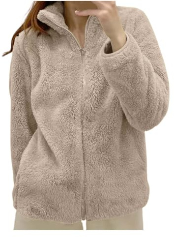 Duohropke Chaqueta de peluche para mujer, sudadera de felpa con cremallera, chaqueta de invierno, cálida, abrigo, cremalleras, chaqueta de forro polar, chaqueta de forro polar para exteriores, caqui