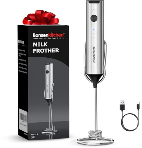Bonsenkitchen Rechargeable Milk Frother with Stand, 3-Speed Handheld Coffee Frother, Dual Spring Whisk Electric Hand Frother Wand Drink Mixer for Matcha Lattes Cappuccino, Kitchen Gifts
