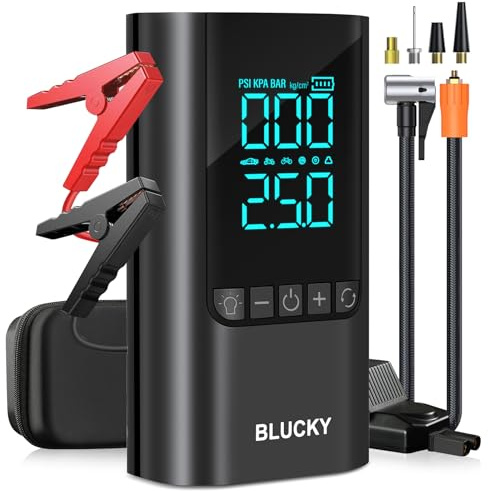 Jump Starter Power Pack with Air Compressor, 5-in-1 Car Battery Booster Jump Starter (8.5 Gas/7.5L Diesel), 5000A Car Jump Starters Power Bank with LCD Display, Emergency Light