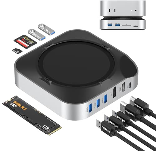 BAOZEE Mac mini M4 Docking Station, USB C Hub with NVMe SSD Enclosure, Dual Monitor Adaptor for Mac mini Accessories, 2× USB-A 10Gbps, 4K60 HDMI, DisplayPort, SD/TF Card Reader