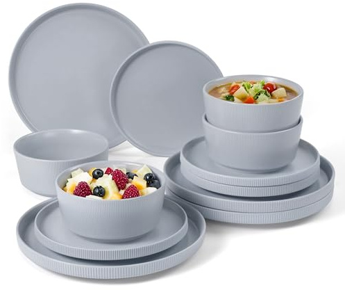 Jiwoo Geschirrset 4 Personen 12 tlg. Tafelservice Modernes Bone China Schüssel- Dessertteller -und Teller Set, Hochwertiges Geschirr Set, Mikrowellen- und Spülmaschinenfest