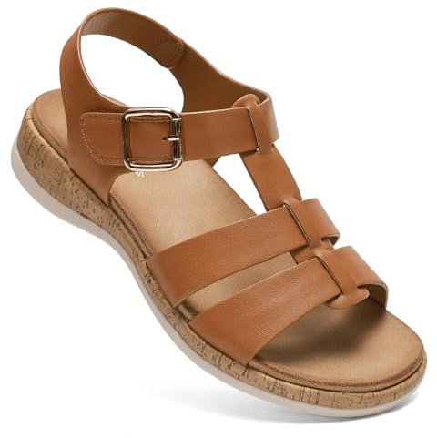 Littleplum Women's Flat Sandals– Comfortable Arch Support Womens Sandals, Summer Breathable Adjustable Orthotic Walking Shoes for Beach,Travel Brown Size 8