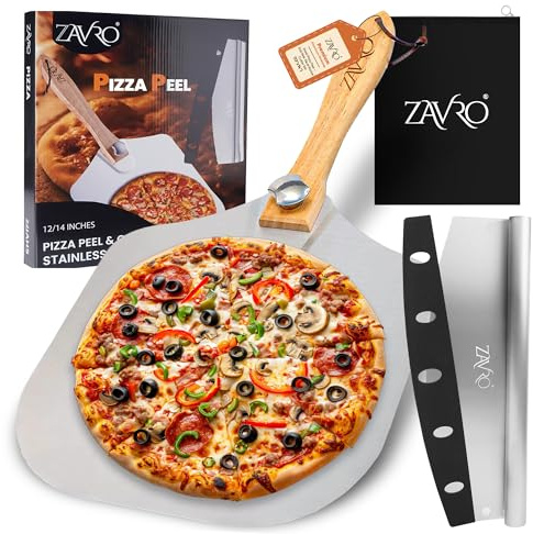 Zavro Pizza Peel 12-Inch Aluminum Pizza Paddle – Lightweight Pizza Spatula with Foldable Wooden Handle, Stainless Steel Rocker Cutter & Storage Bag for Family Pizza Oven Baking Pizza, Bread & Dough