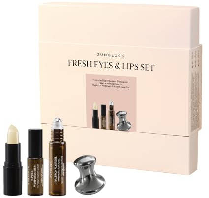 JUNGLÜCK IN A BOX Fresh Eyes and Lips | Augen- und Lippenpflege Set für strahlende Augen & gepflegte Lippen | Hyaluron Lippenbalsam, Augengel, Peptide Wimpernserum & Augen Gua Sha