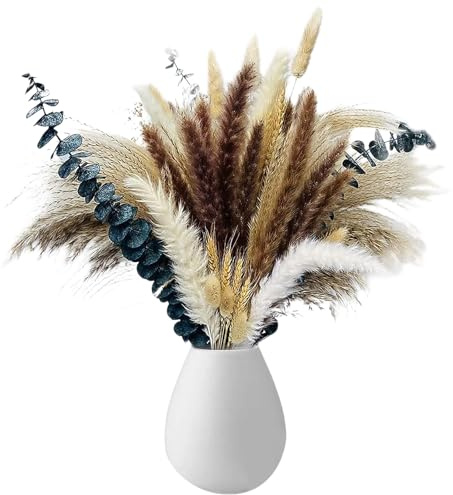Flores Secas Decoracion, Pampas Grass Secas 33-43 cm, Eucalipto Preservado, Ramo de Flores Secas, Decoracion Habitacion Boho centros mesas de Boda y Decoraciones de Pared
