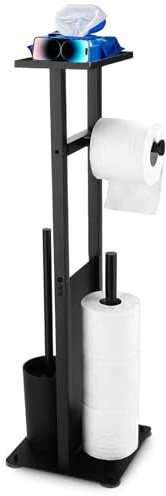 Portarrollos de Papel Higiénico de Pie con Escobillero,Portarrollos de Papel Higiénico de Acero Inoxidable de Pie - Soporte con Bandeja/Estante,Espacio para 3 Rollos de Repuesto,Montaje sin Taladrar