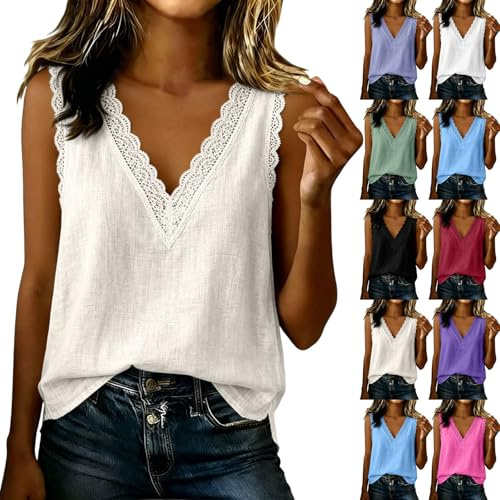 Vest Tops Women Lace Trim V Neck Vest Cotton Linen Summer Tank Top Sleeveless T Shirts Elegant Comfy Solid Color Tunic Tops Trendy Blouses Lightweight Casual Loose Tees Basic Tee Going Out