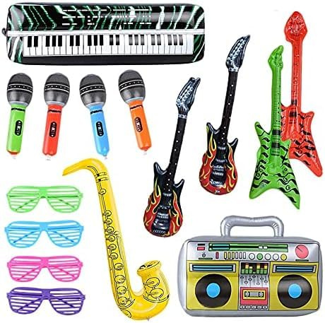 Lot de 15 instruments gonflables colorés pour guitare aérienne, saxophone gonflable, microphone gonflable, guitare Beth, haut-parleur, clavier, obturateur, verres pour fête, accessoires de décoration